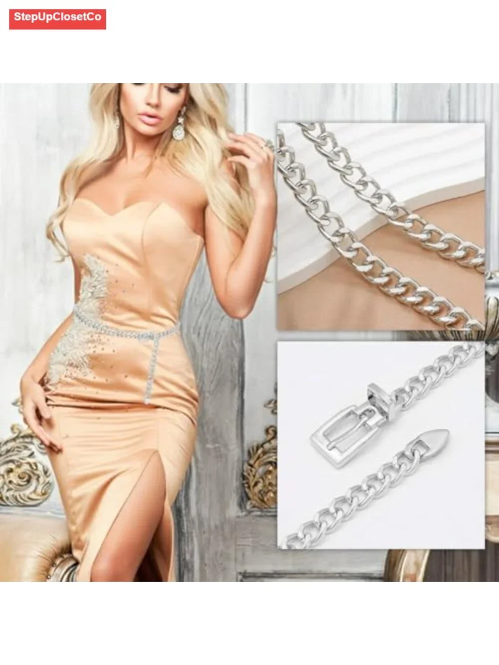 Women's Adjustable Metal Waist Chain Belt Silver Link Dress Belt